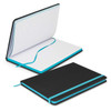 A black notebook with a turquoise elastic band, featuring lined pages and a ribbon bookmark.