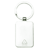 A rectangular recycled zinc alloy keyring with a sleek silver finish and a circular attachment loop.