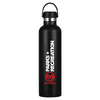 A drink bottle made of stainless steel, featuring a black body and a logo, with a capacity of 1 litre.