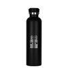 A drink bottle in matte black stainless steel with a silver logo featuring an open book and a column.