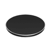A round black QI wireless charger with a sleek design and a silver edge.