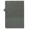 A5 notebook in grey with a textured cover and elastic closure, featuring recycled paper. It includes a logo.