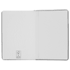 A closed black notebook with blank pages and a small logo on the inner cover.