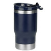 A drink bottle in navy blue with a stainless steel base and a flip-top lid. It features a logo.