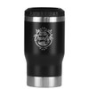 A drink bottle featuring a black exterior with a stainless steel base and a logo. It has a sleek, modern design.