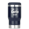 A drink bottle with a dark blue finish and a stainless steel base, featuring a logo.