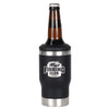 A drink bottle with a black insulated exterior, stainless steel base, and a logo on the front, designed for beverages.