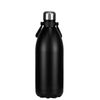 A drink bottle in matte black, featuring a stainless steel cap and a branding logo on the front.