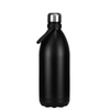 A drink bottle in matte black stainless steel with a silver lid and a small handle. It features a logo on the side.