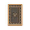 A playing card features a navy blue design with intricate patterns on a kraft background. It includes a branding logo.