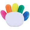 A set of five highlighters arranged in a hand shape, featuring pink, orange, yellow, green, and blue colors.
