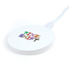 A round white wireless charger with a cable, featuring colorful text and a logo on the surface.