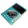 A teal mouse pad with a patterned edge, featuring a smartphone and a wireless mouse on its surface.
