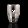 A double-walled, clear glass cup with a logo, designed for reusable drinkware.
