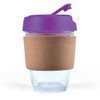 A reusable coffee cup featuring a transparent design with a cork band and a purple lid.