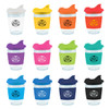 A collection of reusable coffee cups in various colors, featuring transparent bodies and snap lids. Each cup has a logo.