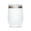 A reusable coffee cup in white with a stainless steel rim and a clear lid, featuring a smooth surface and rounded design.