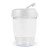 A drink bottle featuring a clear lower section and a white silicone band, topped with a matching white lid.