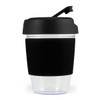 A drink cup with a clear base and a black silicone band, topped with a black lid. It features a logo.