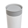 A stainless steel coffee cup with a sleek design and a grey lid.