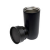 A stainless steel coffee cup with a black exterior, accompanied by a matching lid.