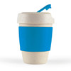A reusable coffee cup with a light beige body and a blue silicone band, featuring a blue lid with a spout.
