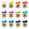 A collection of reusable coffee cups with cork bands and various colorful snap lids, featuring a logo on each cup.