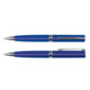 A blue metallic pen set with silver accents, featuring two styles of pens, both with logos.