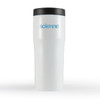A drink bottle with a white body and black lid, featuring a logo in blue. Suitable for travel.