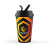A drink bottle in black with an orange and yellow geometric design, featuring a lid with a straw and a logo.