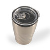 A reusable coffee cup with a sleek metallic finish and a clear plastic lid, featuring a sliding closure.