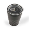 A reusable coffee cup with a textured black exterior and a clear, flip-top lid.