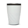 A reusable coffee cup featuring a sleek, white design with a twisted texture and a clear lid.