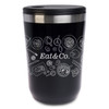 A reusable coffee cup in black with a metallic silver lid and decorative food illustrations.