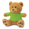 A plush teddy bear in brown with a green shirt, featuring soft fur and paw prints on its feet.