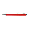 A red plastic pen with a sleek design and a silver clip, featuring a logo on its body.
