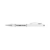 A white plastic pen with a silver clip and a logo on the barrel.