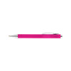A pink plastic pen with a silver clip and tip, featuring a simple design and smooth finish.