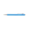 A blue plastic pen with a silver clip and tip, featuring a simple, sleek design.