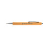 A bamboo pen with a silver clip and tip, featuring a logo on the wooden barrel.