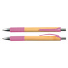 A bamboo pen with a pink grip and clip. The pen features a polished metal tip and is designed for writing.