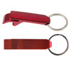 A red metal bottle opener keytag featuring a sleek design and attached keyring.