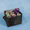 A cooler bag filled with colorful cans and a silver foil drink. The bag is black with a zippered closure.