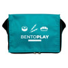A teal cooler bag with a black strap, featuring a logo and various food graphics.