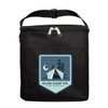 A black cooler bag with a zippered closure and a logo featuring a tent and trees.