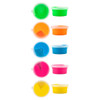 Eight small containers of putty in vibrant colors: green, orange, blue, pink, and yellow with white lids.