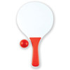 A paddle in white with a red handle and a red ball, featuring a logo on the paddle.
