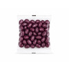A clear cello bag filled with shiny, purple jelly beans. The bag is sealed at the top.