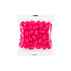 A clear cello bag filled with bright pink jelly beans. The bag features a logo.