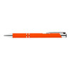 A metal pen in vibrant orange with silver accents and a sleek design, featuring two white striped details on the barrel.